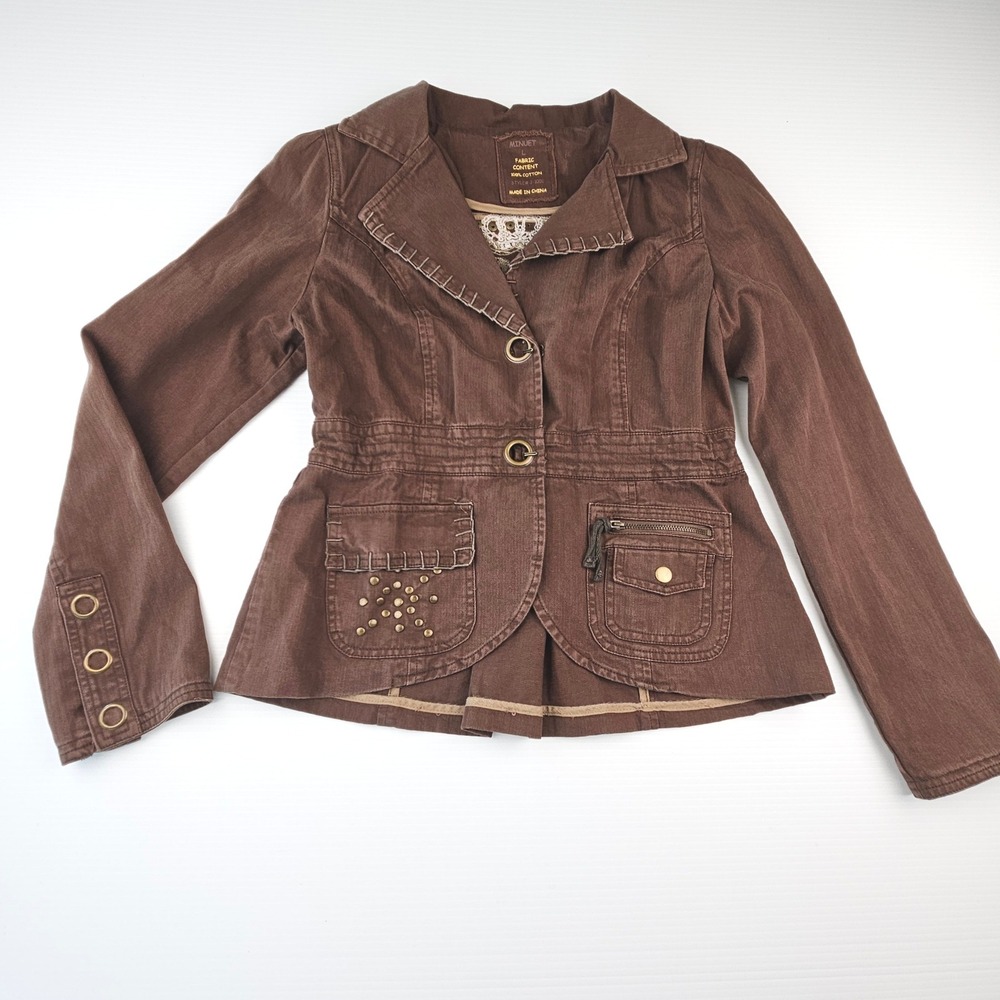 Minuet Brown Cotton Utility Jacket Studded Crown Crest Boho Military J-1001 L